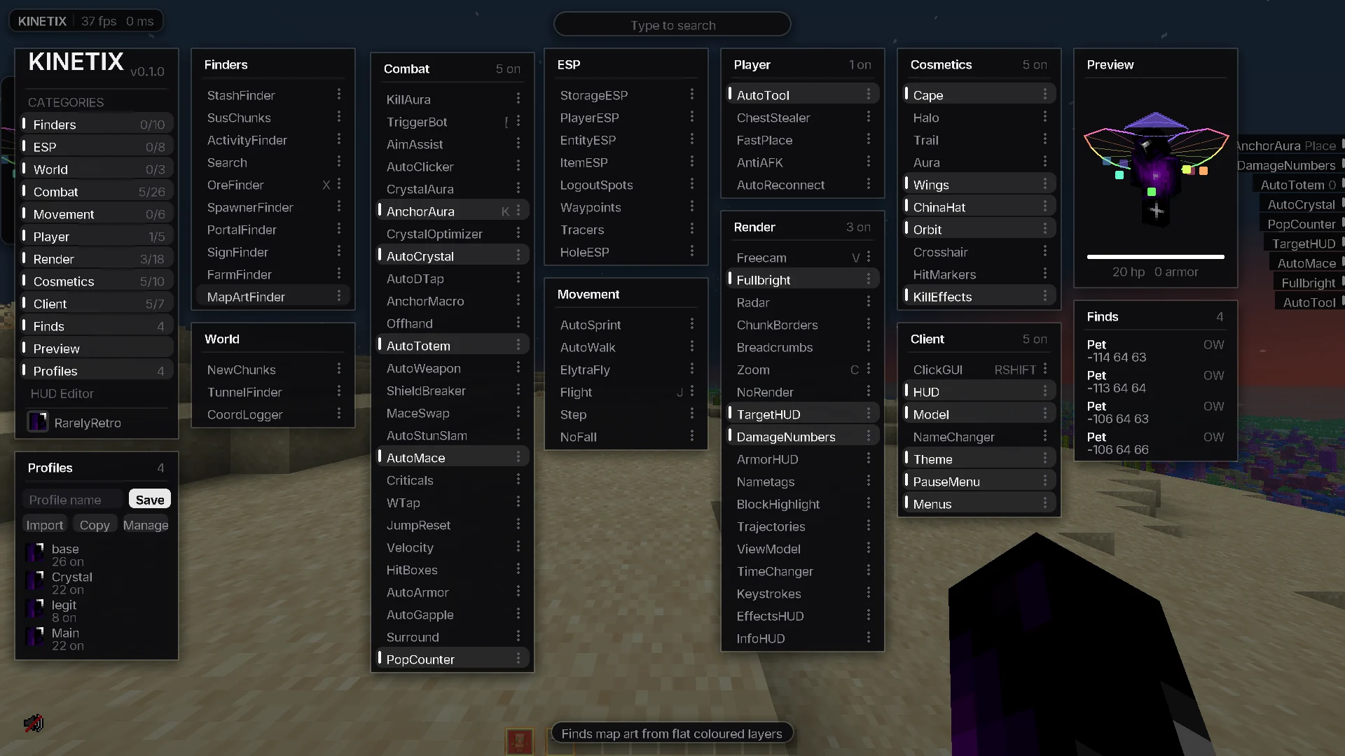 The KinetixClient ClickGUI in game, showing the Finders, Combat, ESP, Movement, Player, Render, Cosmetics and Client module panels