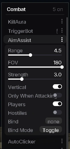 The Combat panel with the AimAssist settings open, showing range, FOV and strength sliders